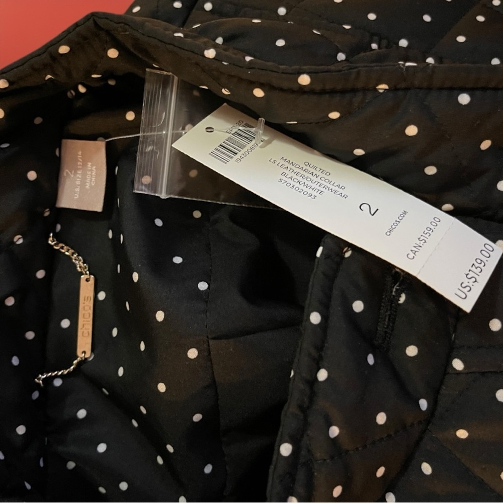 NWT CHICO’S $139 Black Polka-Dot Mandarin Collar Quilted Jacket 2 (Large 12/14) - Picture 12 of 16